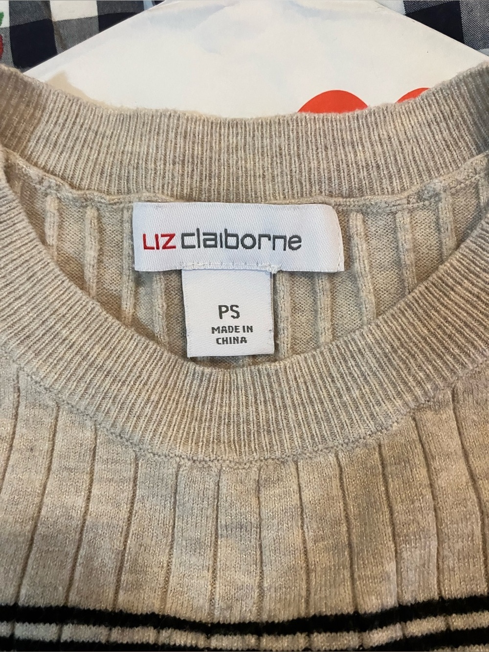 Liz Claiborne Oatmeal Heather/Black Striped Crew Neck Pullover Sweater SP - Picture 3 of 4